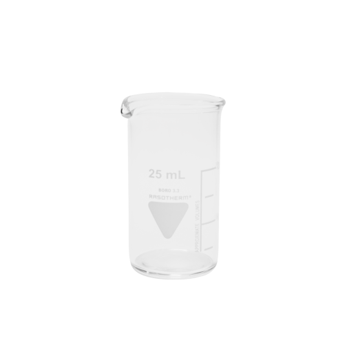 Rasotherm® Becherglas hohe Form mit Ausguss, (Boro 3.3), 25 ml mit Skalierung, h