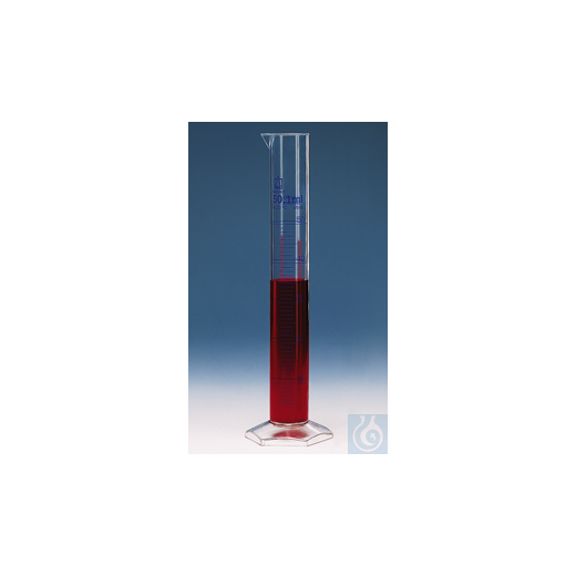 Measuring cylinder, high form, cl. A, DE-M/ChZ 10 ml: 0.2 ml, PMP, blue grade.