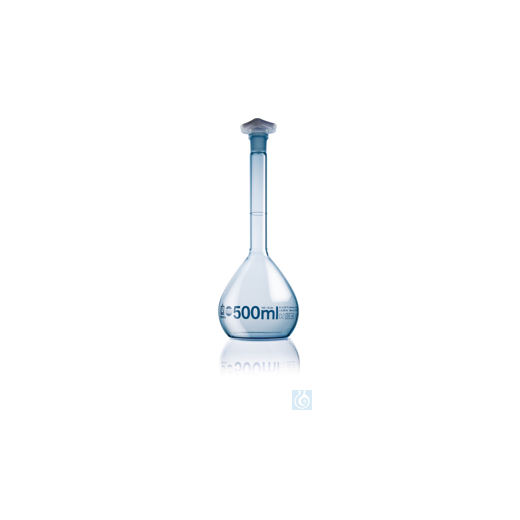 Volumetric flask BLAUBRAND PUR coated class A DE-M 500 ml, Boro 3.3, NS 19/26 PP stopper