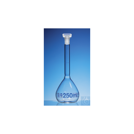 Messkolben, BLAUBRAND, Kl. A, USP, DE-M 250 ml, Boro 3.3 NS 14/23, PP-Stopfen