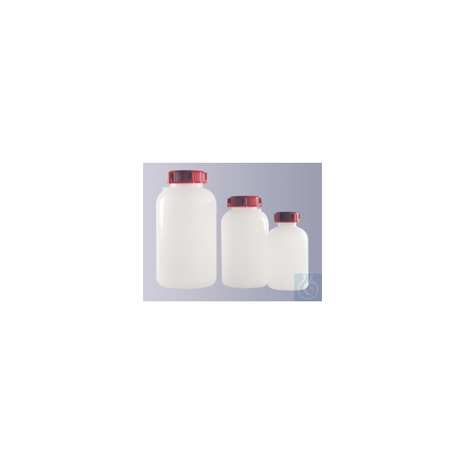 Wide neck bottle, HDPE, round, natural, screw cap red, seal, GL56, 1000 m
