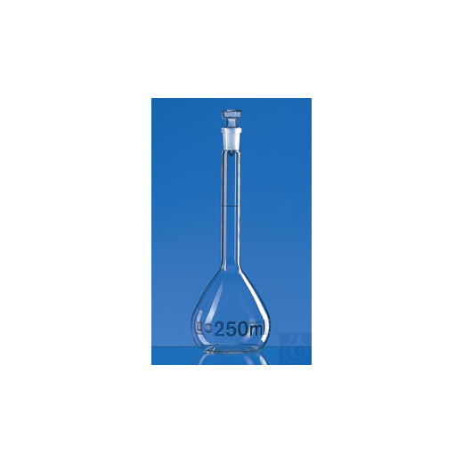 Messkolben, BLAUBRAND, Kl. A, DE-M 250 ml Boro 3.3 NS 14/23 Glas-Stopfen