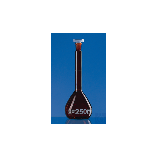 Messkolben BLAUBRAND Kl.A DE-M Braunglas 20 ml W, Boro 3.3 NS 12/21, PP-Stopfen