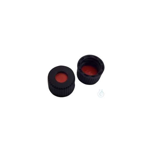 8mm PP screw cap, black, with hole, 8-425, natural rubber red-orange/TEF tra