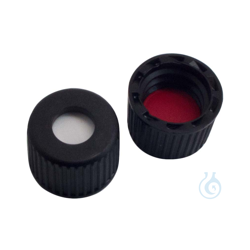 8mm PP screw cap, black, with hole, silicone cream/ PTFE...