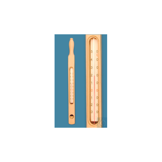 Cylindrical thermometer in wooden clamp, enclosed type, 0+50:1°C, capillary
