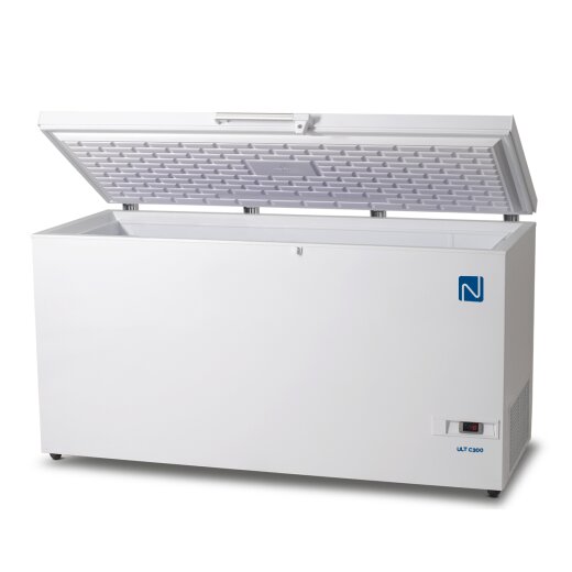 Ultra-low temperature chest freezer -86 °C, 284 L net volume, high-capacity lab freezer Freezer inkl. Rack + Boxen 50 mm