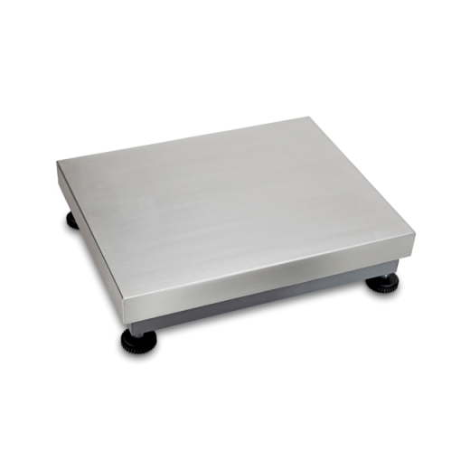 Platform: stainless steel weighing plate, painted steel base frame, silicone-coated aluminium load cell with IP65 dust and splash-water protection