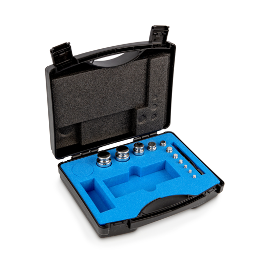 Weight set, E1, 1 g - 200 g, button, polished stainless steel, in plastic case
