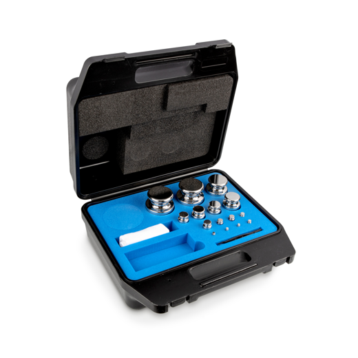 Weight set, E1, 1 g - 2 kg, button, polished stainless steel, in plastic case