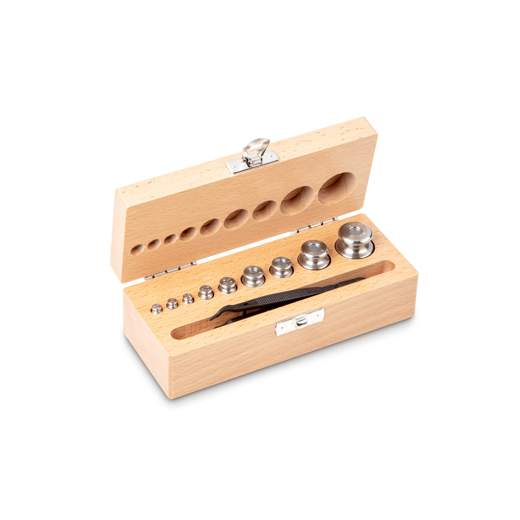 Weight set, M2, 1 g - 100 g, button, finely turned stainless steel, in wooden case