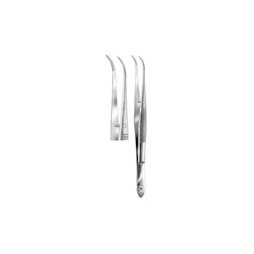 Tweezers, Perry, curved, fine tips, serrated, 130 mm