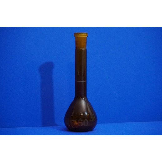 1 x Messkolben, Hirschmann 50 mL, Duranglas, Volumetric flask, Labor, Braunglas