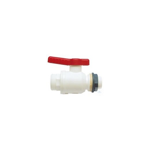Ball valve PP white, 1 outside-M42x3 outside, NW 25mm