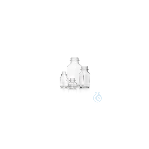 Square screw-top bottle, soda-lime, clear, wide neck, low form, DIN thread