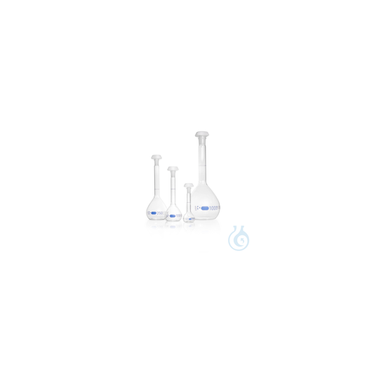 DURAN® volumetric flasks, class A, USP , USP individual certificate, blue printed image