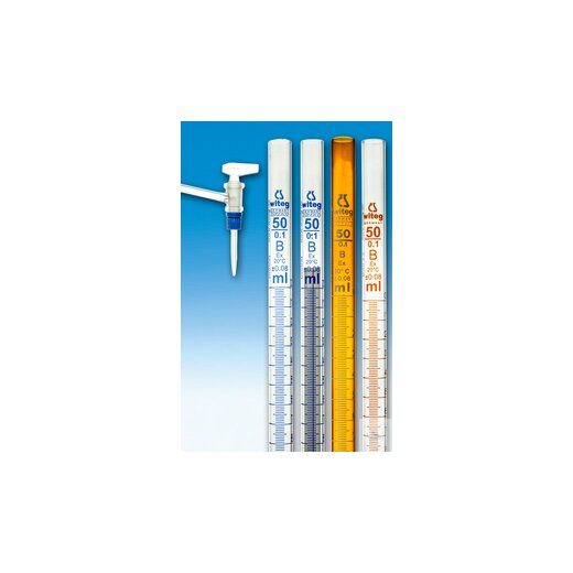 Büretten, 50 ml:0,1 DIN-B, seitl. Hahn, NS-Glasküken, Braunglas VE = 2 Stk.