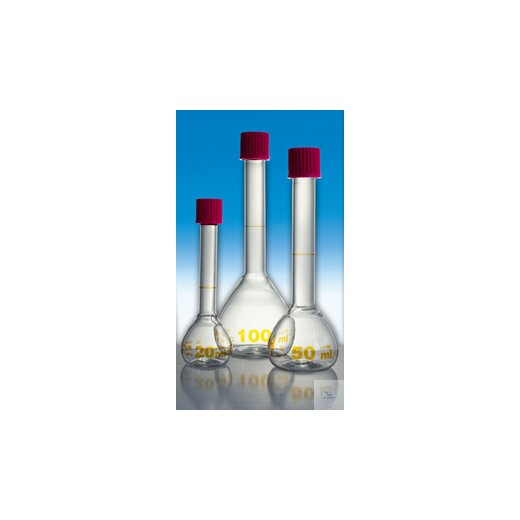 Volumetric flask 50 ml, DIN-A, GL18, DIFFICO printed in brown, ring mark, contents list