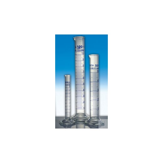 Graduated measuring cylinder, class A, 100 : 1.0 ml, H-F, hexagonal foot, blue graduation,