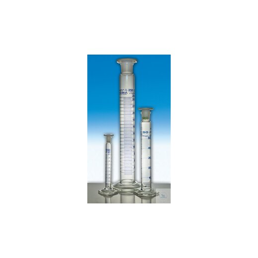 Mixing cylinder, class AS, hexagonal foot, PE stopper, 250 ml, NS 29/32, KB, blue