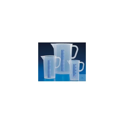Measuring jug, with handle and spout, transparent, raised blue graduation, PP,