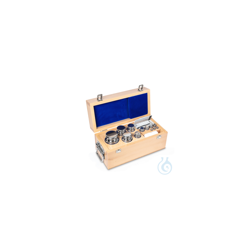 E2 1 g - 5 kg weight set, in wooden case, polished stainless steel