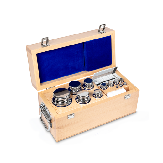 F1 1 g - 10 kg weight set, in wooden case, polished stainless steel